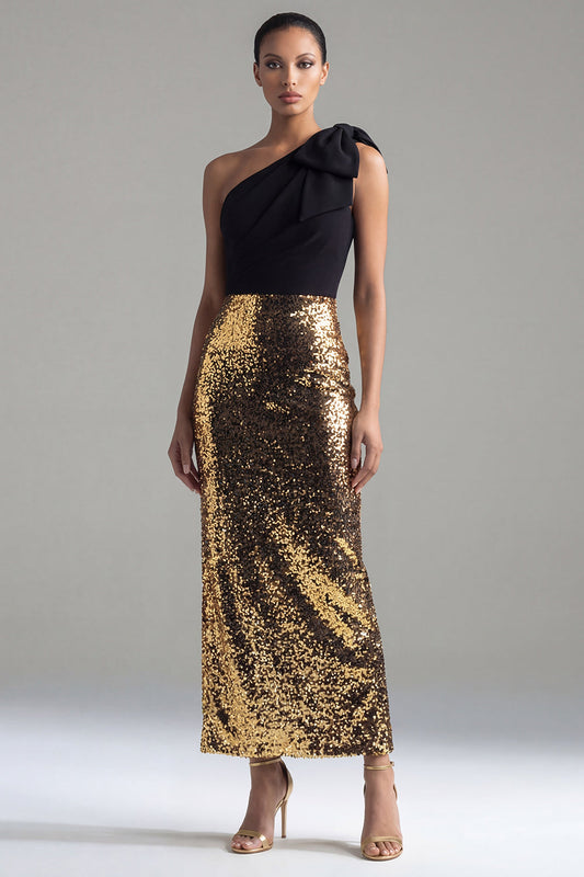 Sparkly One Shoulder Sheath Black and Gold Sequin Bow Long Formal Dress with Slit
