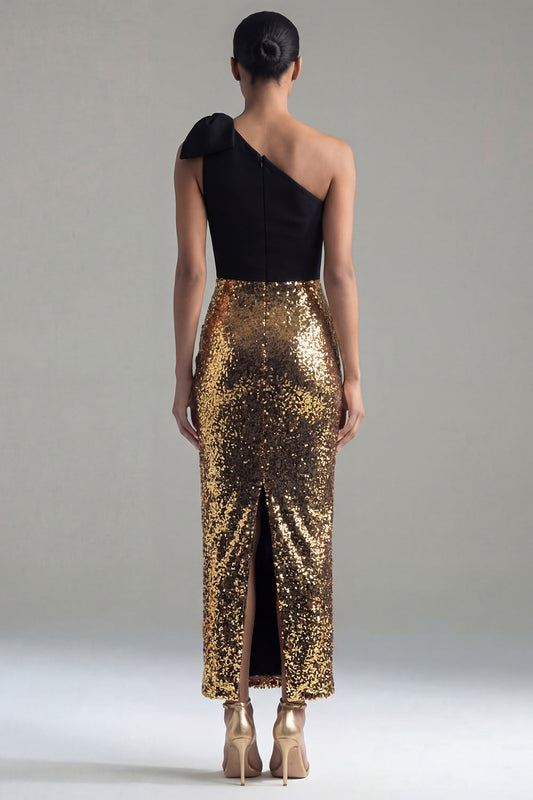 Sparkly One Shoulder Sheath Black and Gold Sequin Bow Long Formal Dress with Slit