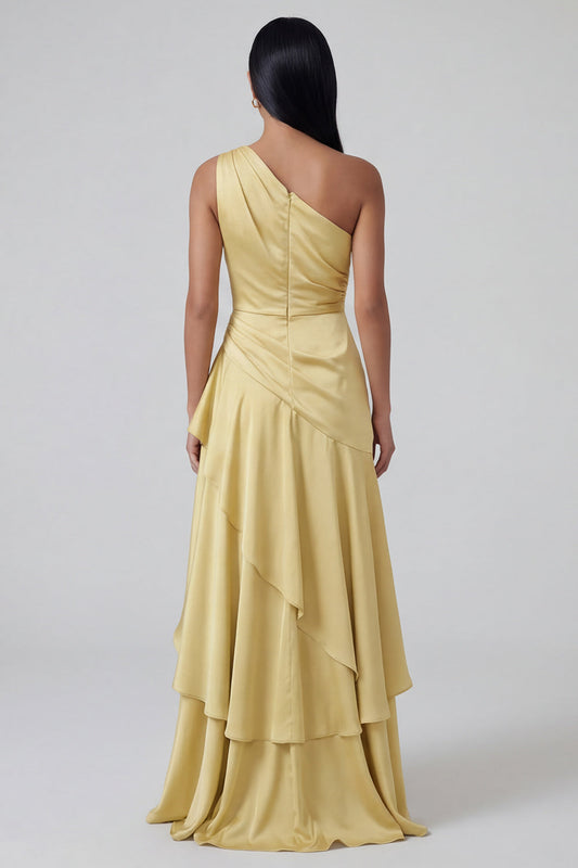 Yellow Ruffled A Line One Shoulder Long Formal Dress