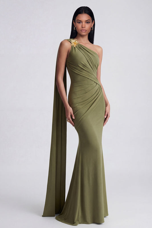 Robe longue de soirée vert olive asymétrique à une épaule avec traîne latérale
