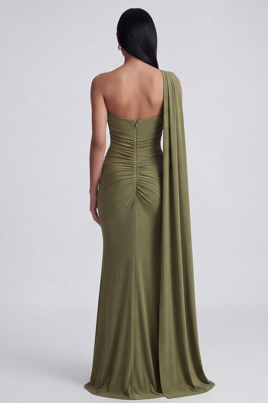 Robe longue de soirée vert olive asymétrique à une épaule avec traîne latérale