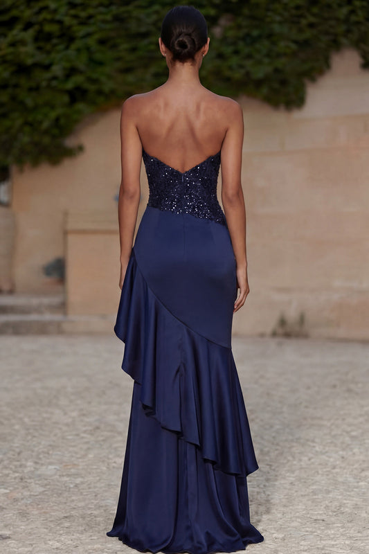 Strapless Navy Sequin Ruffled Evening Dress with Slit