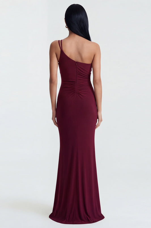 One Shoulder Burgundy Ruched Mermaid Formal Dress