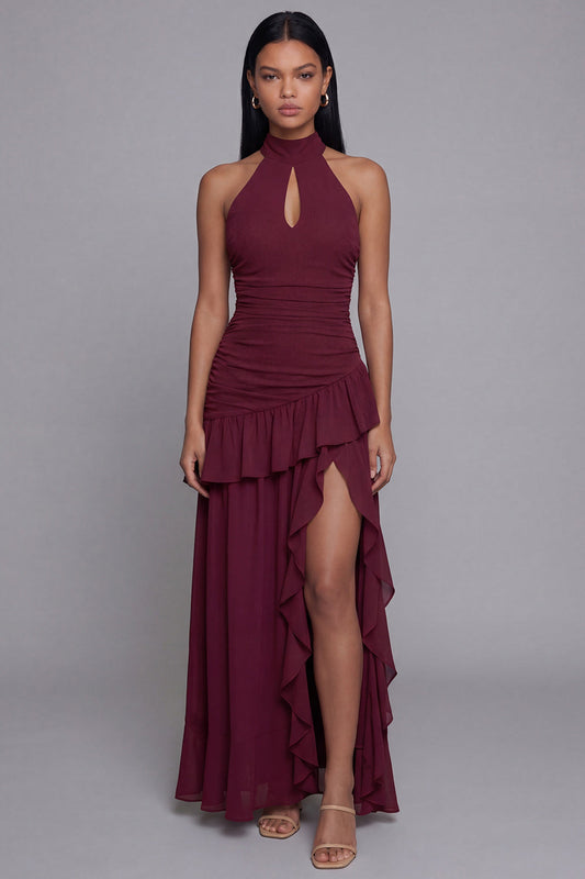 Halter Burgundy Cut Out Ruffled Formal Dress with Slit