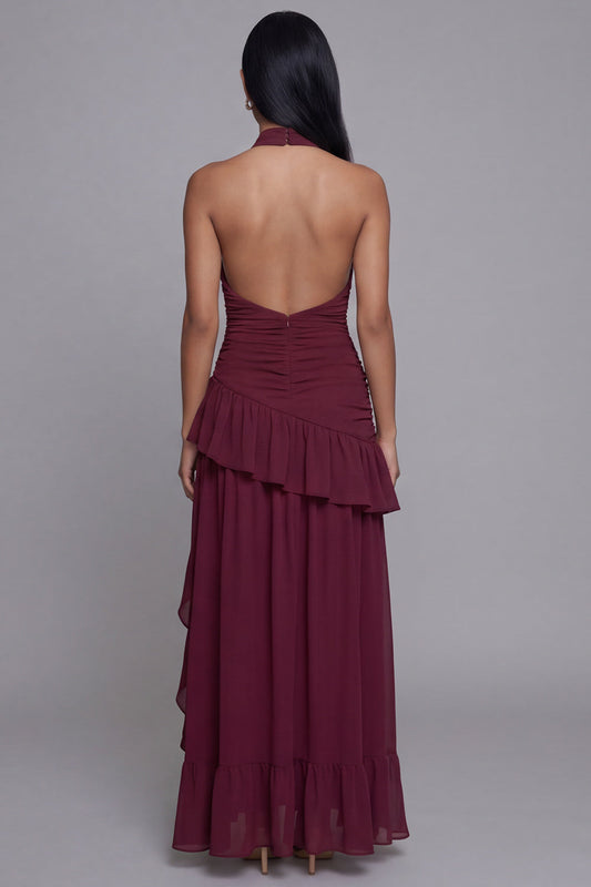 Halter Burgundy Cut Out Ruffled Formal Dress with Slit