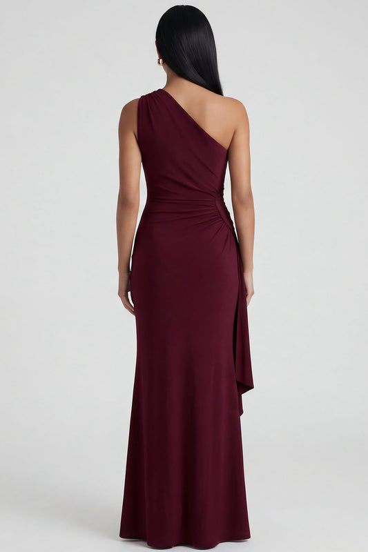Burgundy Mermaid One Shoulder Ruched Formal Dress