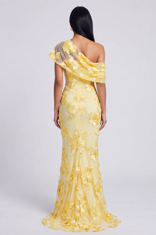 Yellow Mermaid Asymmetrical Neck Formal Dress with Floral Embroidery