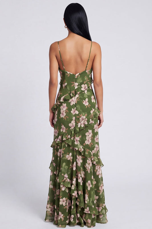 Robe Vert Foncé Volants Sirène Bretelles Fines Fleuri