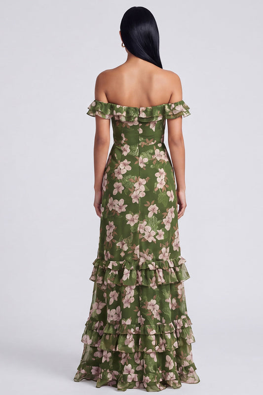 Robe à volants étagés vert foncé à épaules dénudées avec fente et imprimé floral