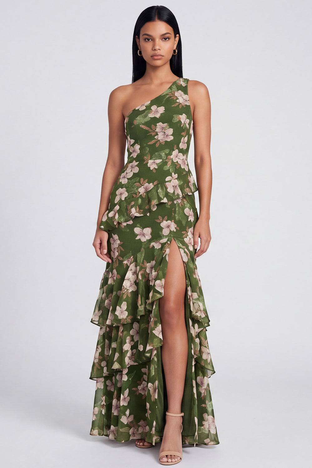 One Shoulder Dark Green Mermaid Tiered Ruffle Floral Dress with Slit