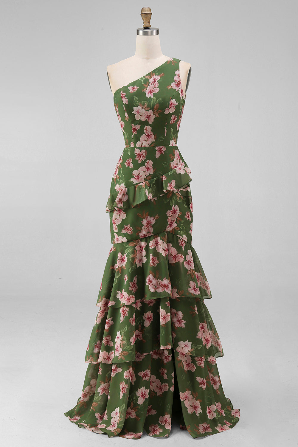 One Shoulder Dark Green Mermaid Tiered Ruffle Floral Dress with Slit