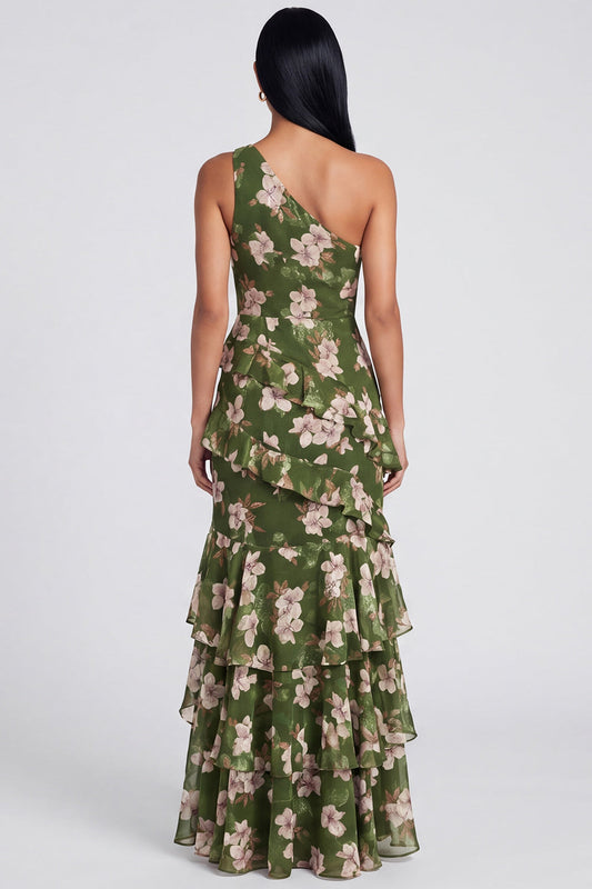 Robe sirène asymétrique vert foncé à volants étagés avec fente