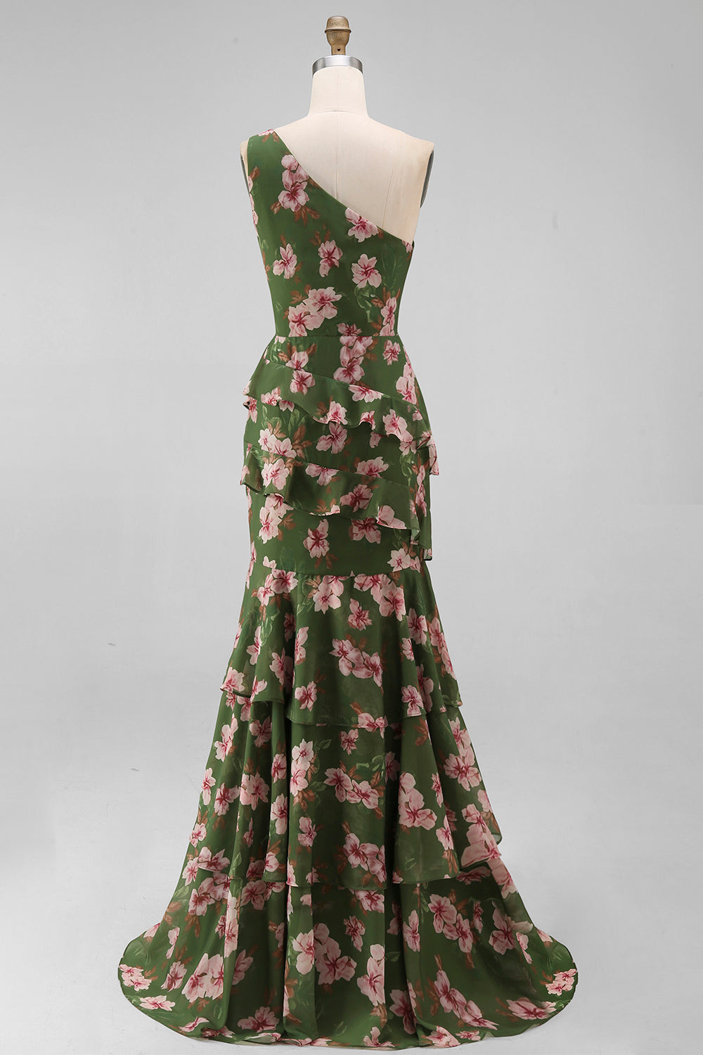One Shoulder Dark Green Mermaid Tiered Ruffle Floral Dress with Slit
