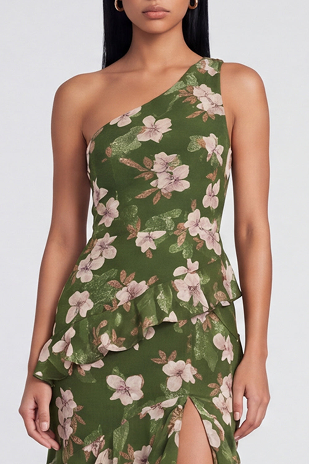One Shoulder Dark Green Mermaid Tiered Ruffle Floral Dress with Slit