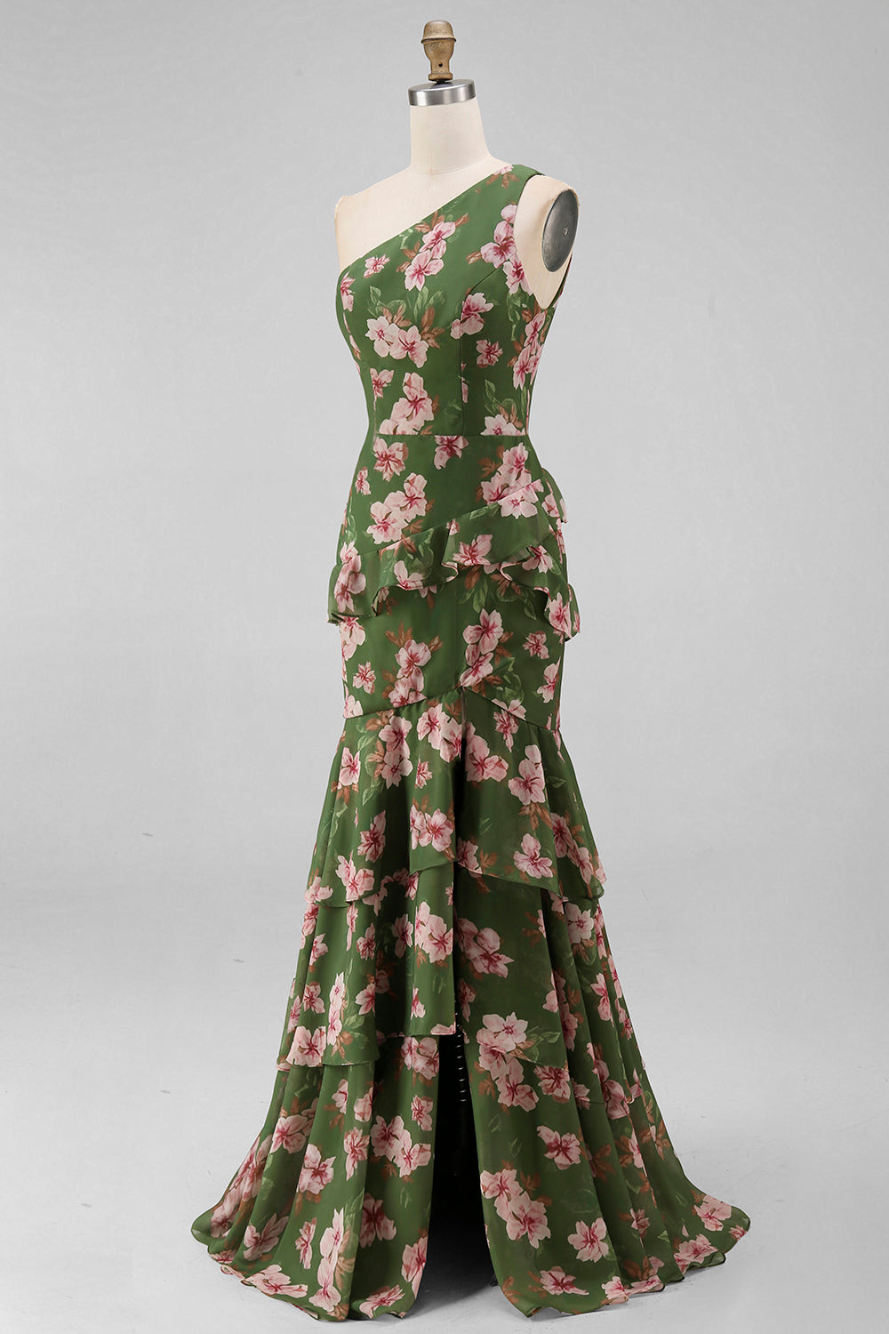 One Shoulder Dark Green Mermaid Tiered Ruffle Floral Dress with Slit