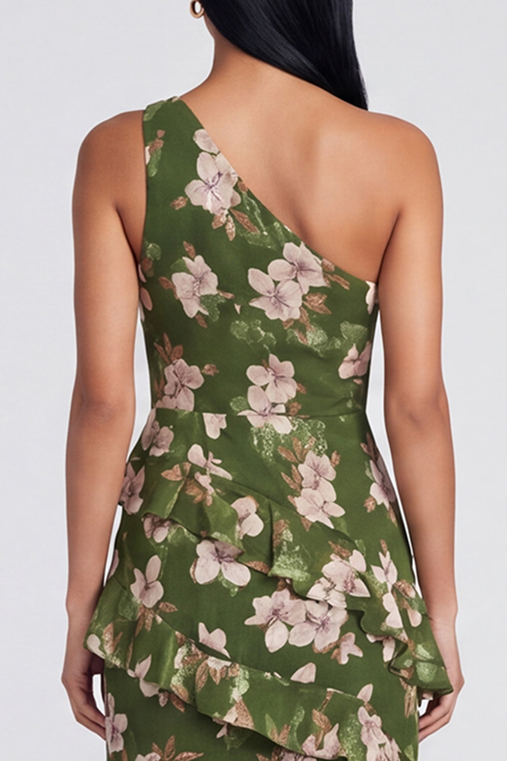One Shoulder Dark Green Mermaid Tiered Ruffle Floral Dress with Slit