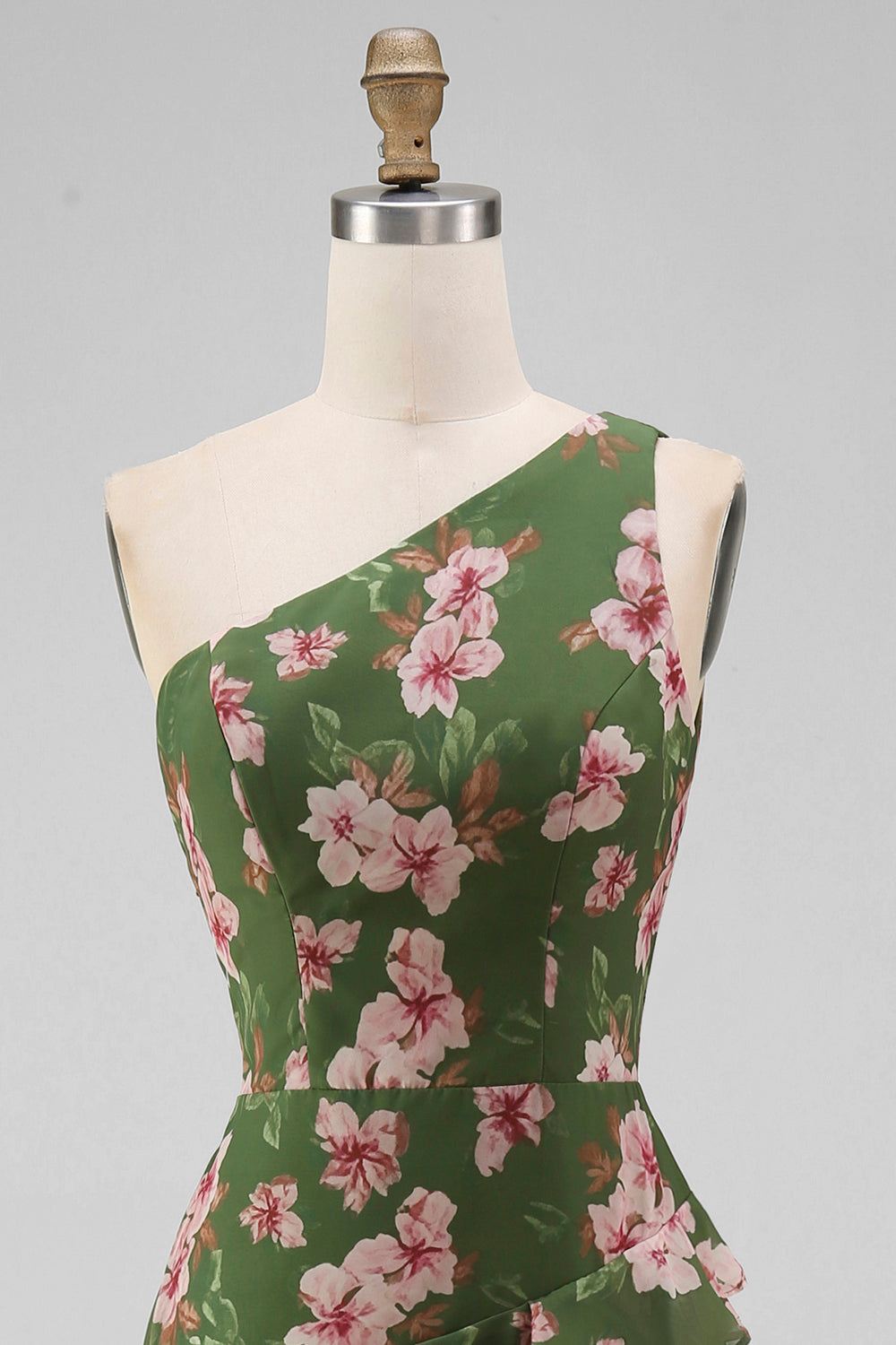 One Shoulder Dark Green Mermaid Tiered Ruffle Floral Dress with Slit