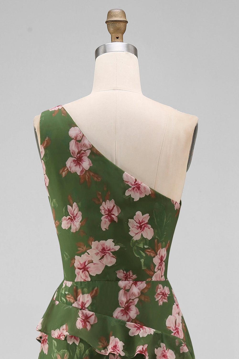 One Shoulder Dark Green Mermaid Tiered Ruffle Floral Dress with Slit