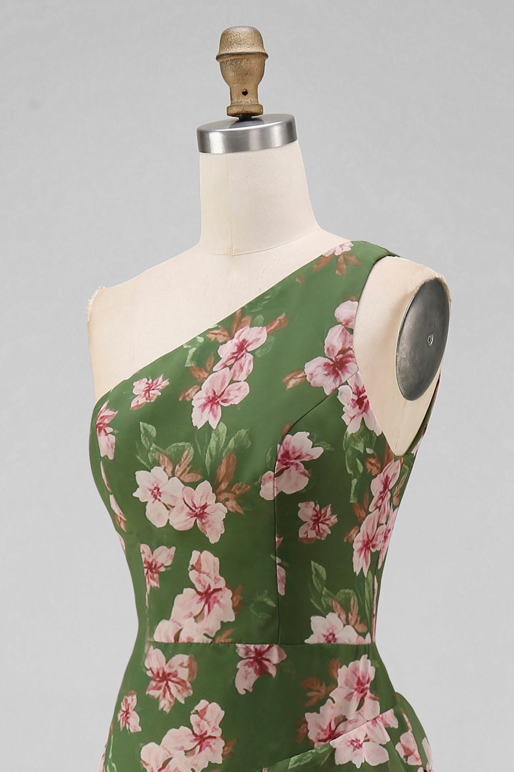One Shoulder Dark Green Mermaid Tiered Ruffle Floral Dress with Slit