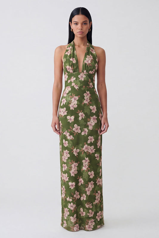 Robe fourreau longue dos nu à motif floral vert foncé