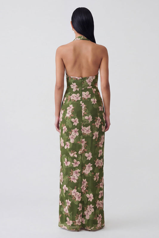 Robe fourreau longue dos nu à motif floral vert foncé