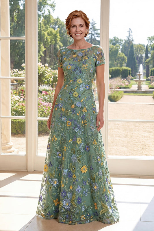 Robe de Mère de la Mariée Brodé Col Bateau en Tulle Vert Coupe A-ligne