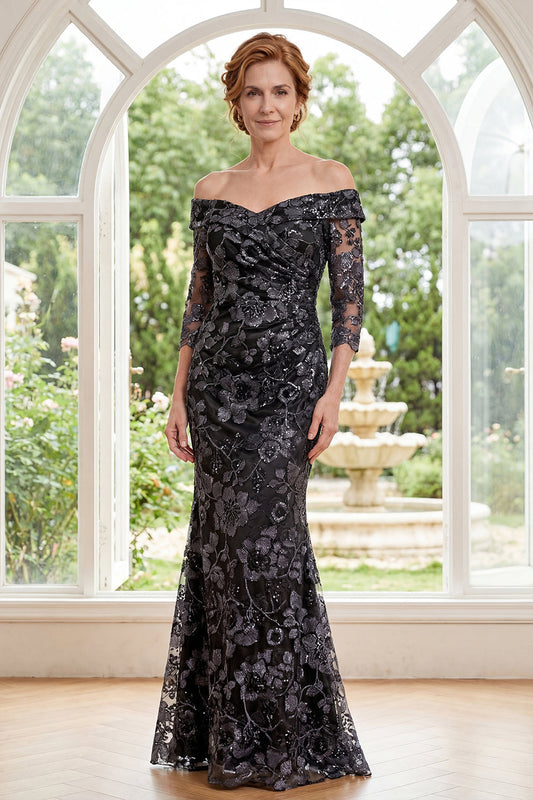 Black Mermaid Tulle Off-the-Shoulder Appliquéd Mother of the Bride Dress with Beading