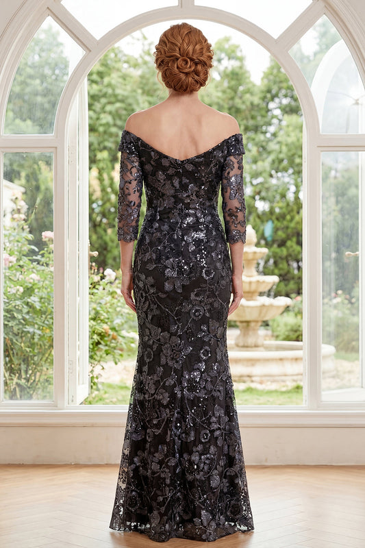 Black Mermaid Tulle Off-the-Shoulder Appliquéd Mother of the Bride Dress with Beading