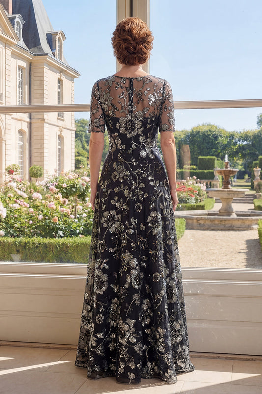A-Line Black Tulle Bateau Neck Sequined Mother Of the Bride Dress