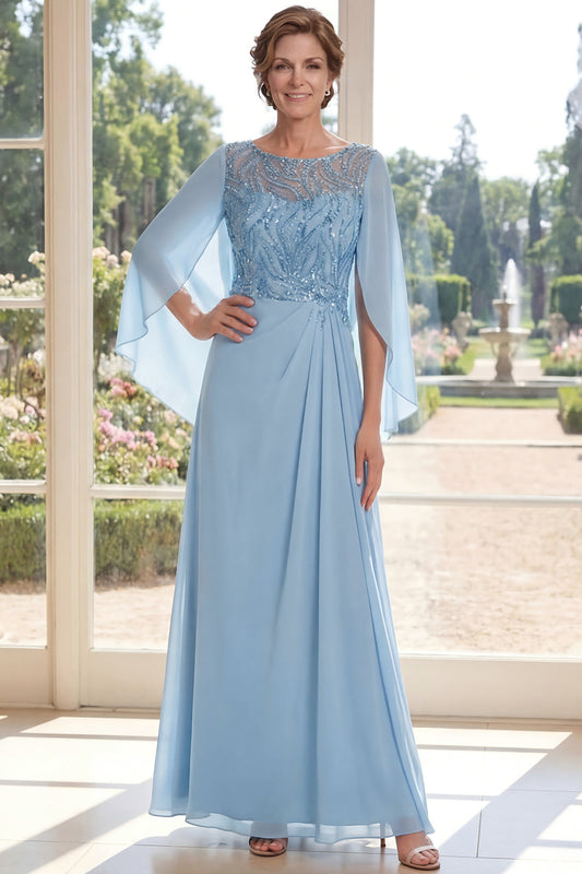 Light Blue Chiffon Sheath Sequins Long Mother Of the Bride Dress