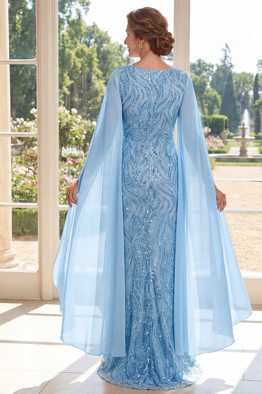 Robe longue de mère de la mariée fourreau bleu clair à col en V et sequins avec manches cape