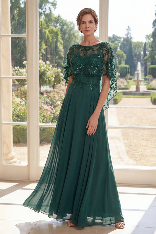 Robe longue de mère de la mariée vert foncé évasée en tulle brodé avec cape