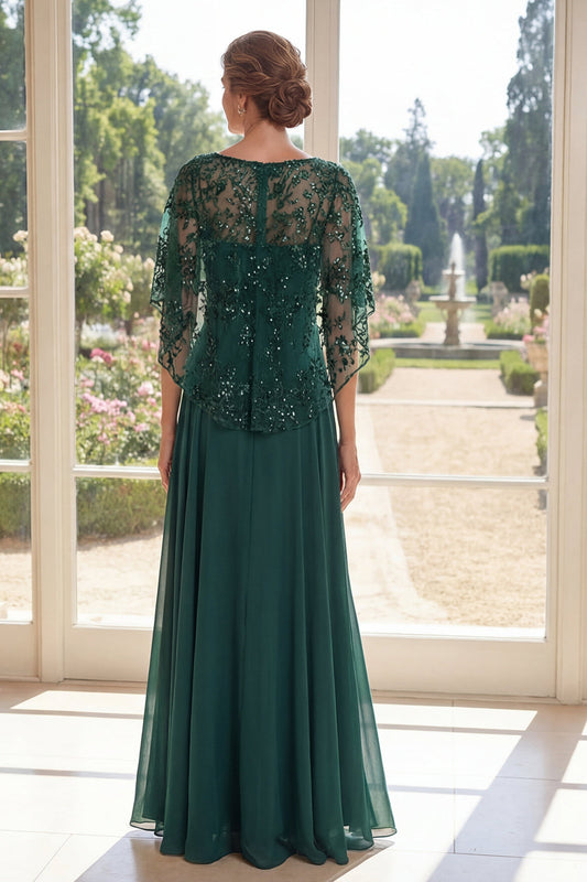 Robe longue de mère de la mariée vert foncé évasée en tulle brodé avec cape