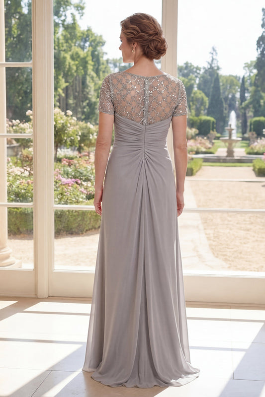 Grey Chiffon Sheath Beaded Ruched Long Mother Of the Bride Dress