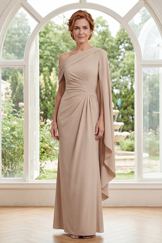 Champagne One Shoulder Chiffon Ruched Long Mother Of the Bride Dress with Side Cape