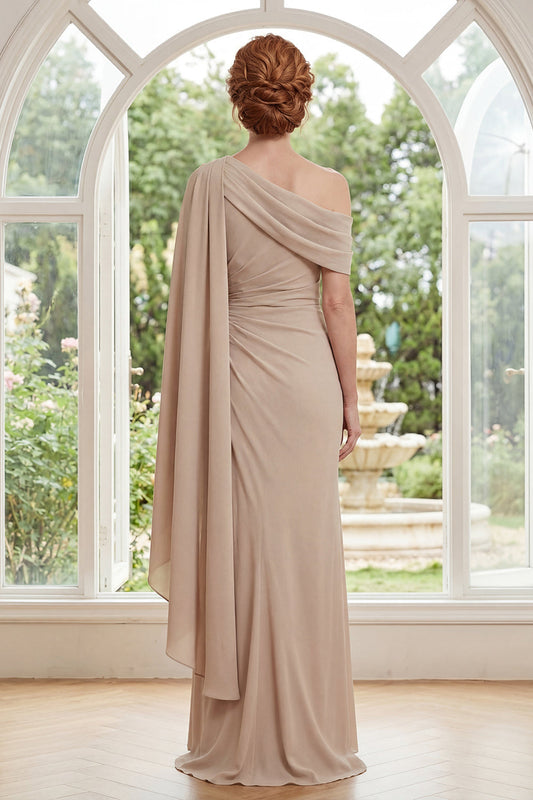 Champagne One Shoulder Chiffon Ruched Long Mother Of the Bride Dress with Side Cape