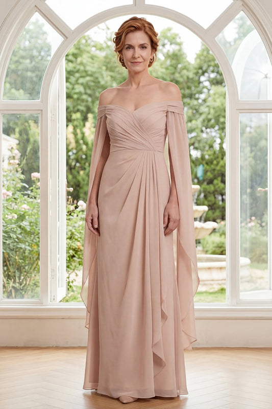 Chiffon Champagne Off-the-Shoulder Ruched Mother-of-the-Bride Dress with Cape Sleeves