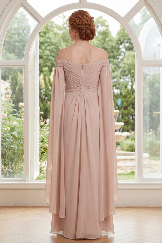 Chiffon Champagne Off-the-Shoulder Ruched Mother-of-the-Bride Dress with Cape Sleeves