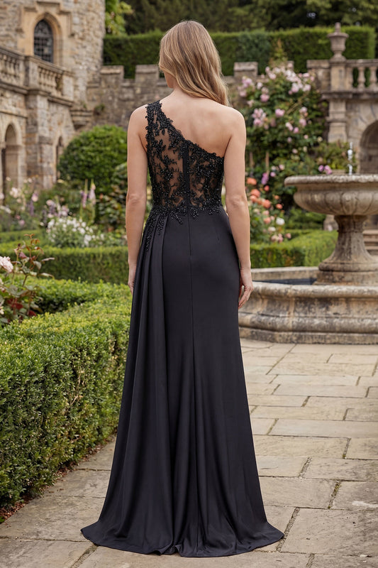 Black One Shoulder Mermaid Ruched Beaded Long Prom Dress with Slit