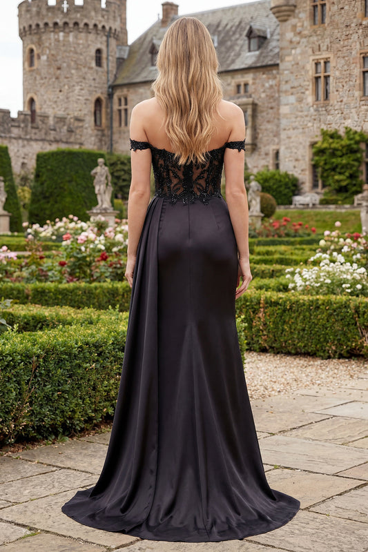 Satin Black Off-the-Shoulder Mermaid Ruched Beaded Long Prom Dress with Slit