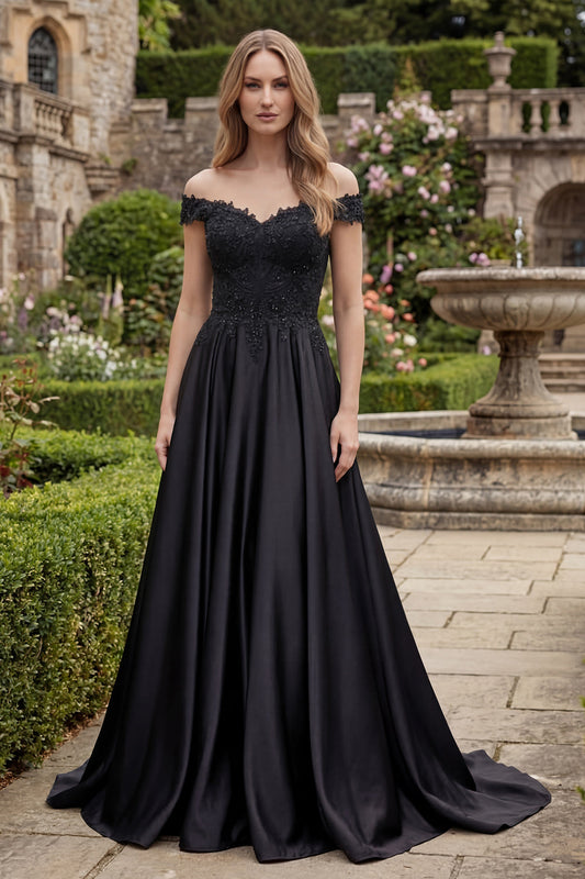 A-Line Satin Black Off-the-Shoulder Beaded Long Prom Dress
