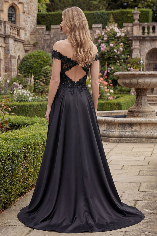A-Line Satin Black Off-the-Shoulder Beaded Long Prom Dress