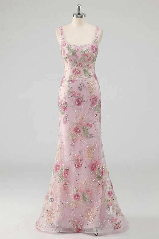 Robe de bal sirène longue rose à col carré, ornée de fleurs et de perles