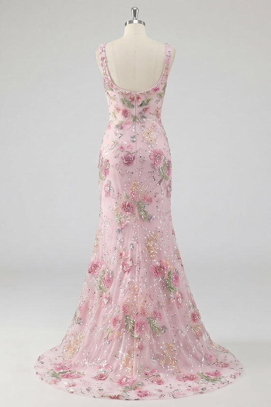 Robe de bal sirène longue rose à col carré, ornée de fleurs et de perles