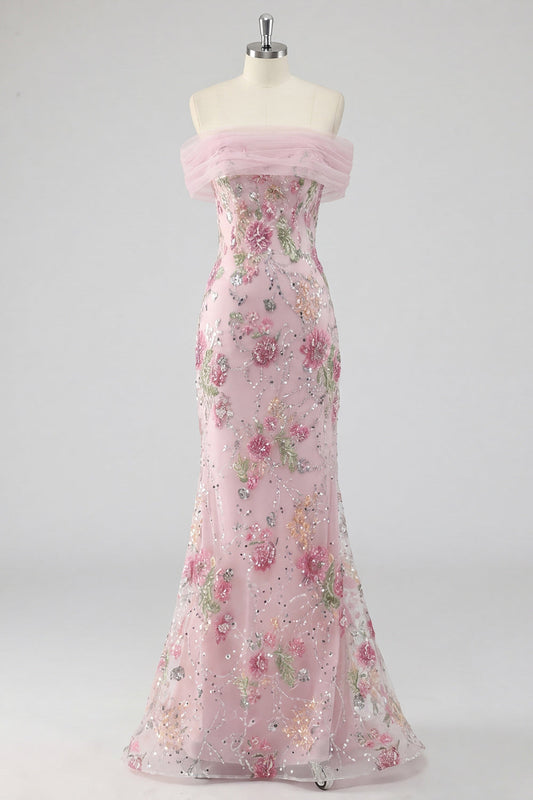 Off the Shoulder Pink Mermaid Floral Long Prom Dress with Beading