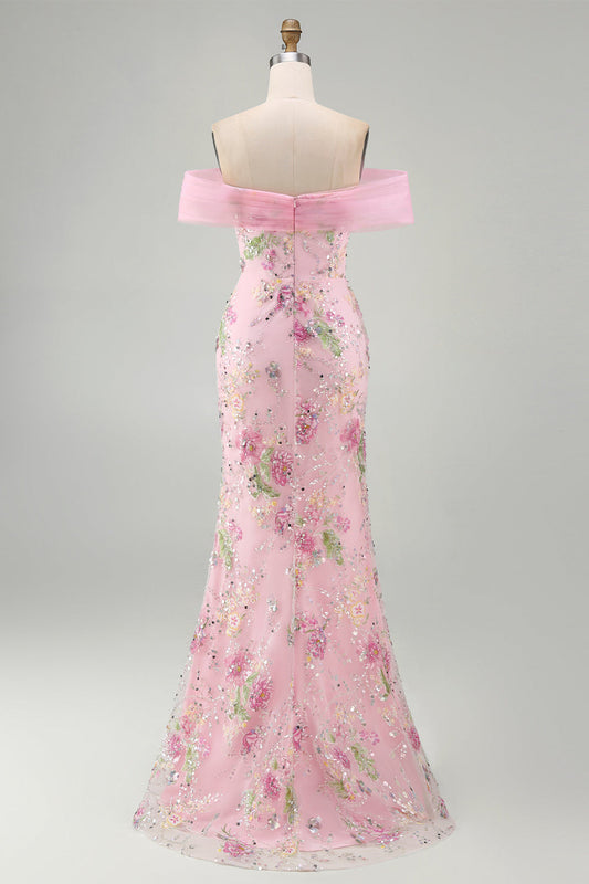 Off the Shoulder Pink Mermaid Floral Long Prom Dress with Beading