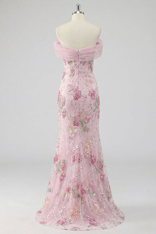 Off the Shoulder Pink Mermaid Floral Long Prom Dress with Beading