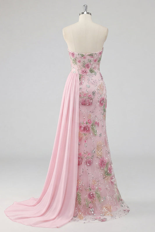 Strapless Pink Mermaid Beaded Floral Long Prom Dress with Sash