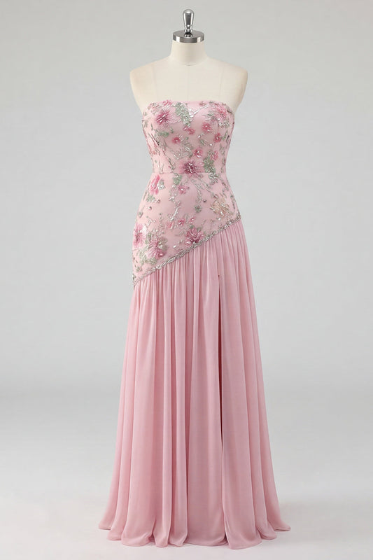 Strapless Pink A-Line Beaded Floral Long Prom Dress with Slit