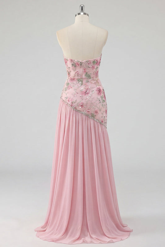 Strapless Pink A-Line Beaded Floral Long Prom Dress with Slit